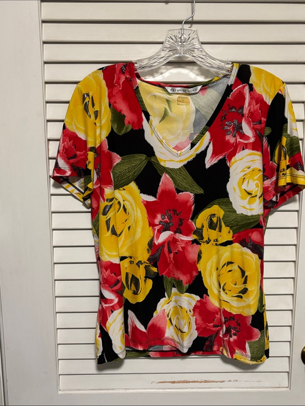 Peter Nygard V-Neck Floral Top in Black with Red & Yellow Blooms